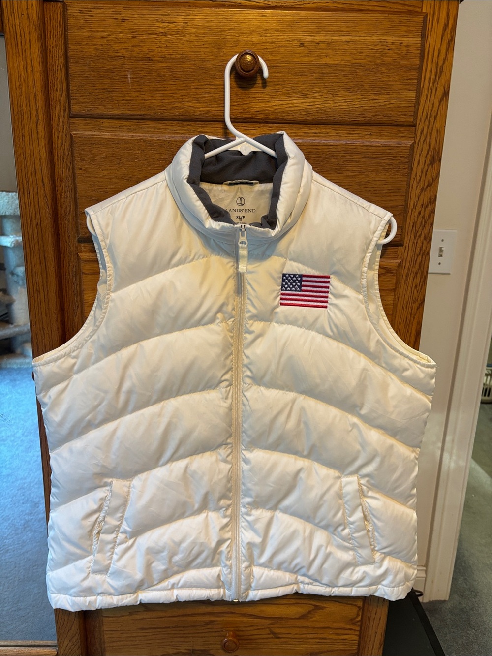 Lands' End White Quilted Puffer Vest with Flag Patch